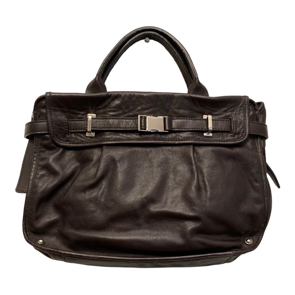 Kenneth Cole Double Top Handle Leather Tote Bag, Dark Brown Silver Tone Hardware